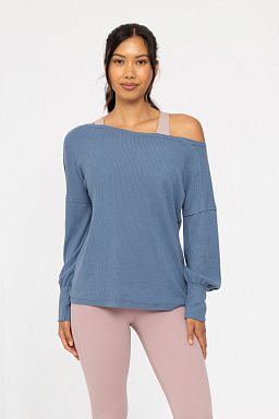 Ballet Chic Ribbed Off-Shoulder Top Washed denim