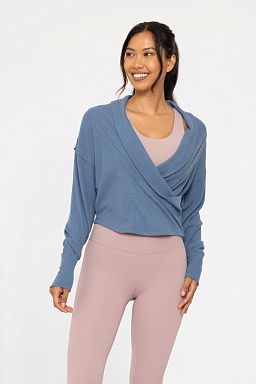 Ballet Chic Ribbed Wrap Top Washed denim