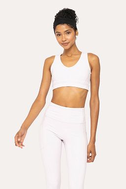 BRONZE Newport Cutout Overlay Back Performance Sports Bra Lavender fog