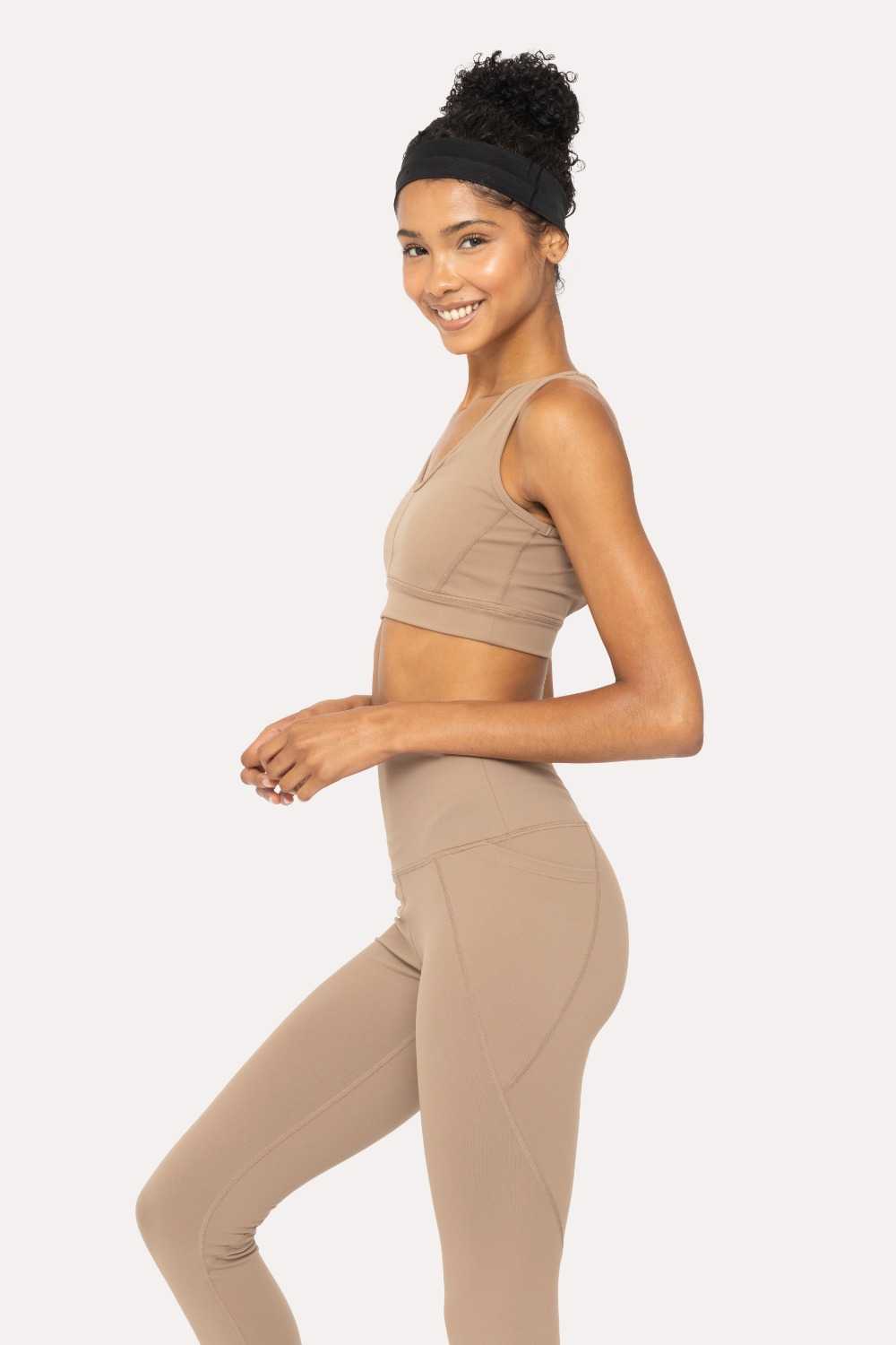 BRONZE Newport Cutout Overlay Back Performance Sports Bra Pinecone