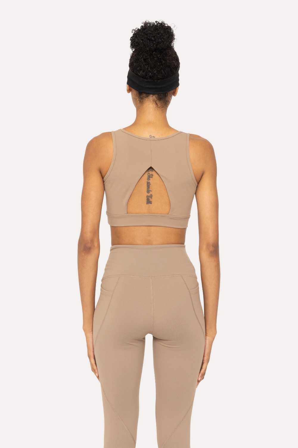 BRONZE Newport Cutout Overlay Back Performance Sports Bra Pinecone