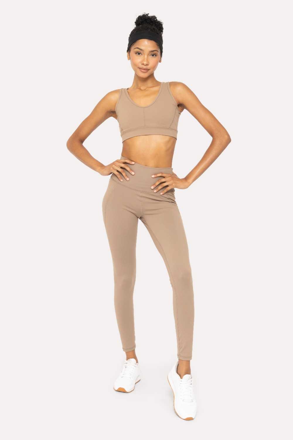 BRONZE Newport Cutout Overlay Back Performance Sports Bra Pinecone