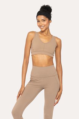 BRONZE Newport Cutout Overlay Back Performance Sports Bra Pinecone