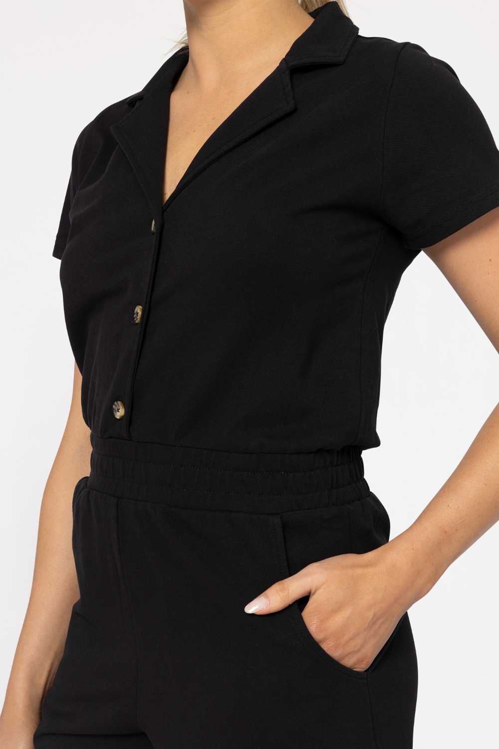 COLLARED COTTON BLEND BUTTON-FRONT ROMPER Black