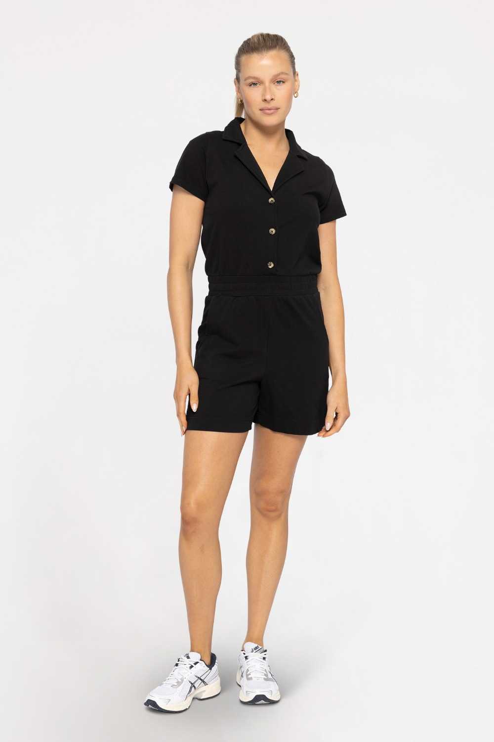 COLLARED COTTON BLEND BUTTON-FRONT ROMPER Black