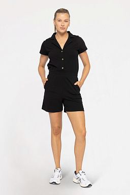 COLLARED COTTON BLEND BUTTON-FRONT ROMPER Black