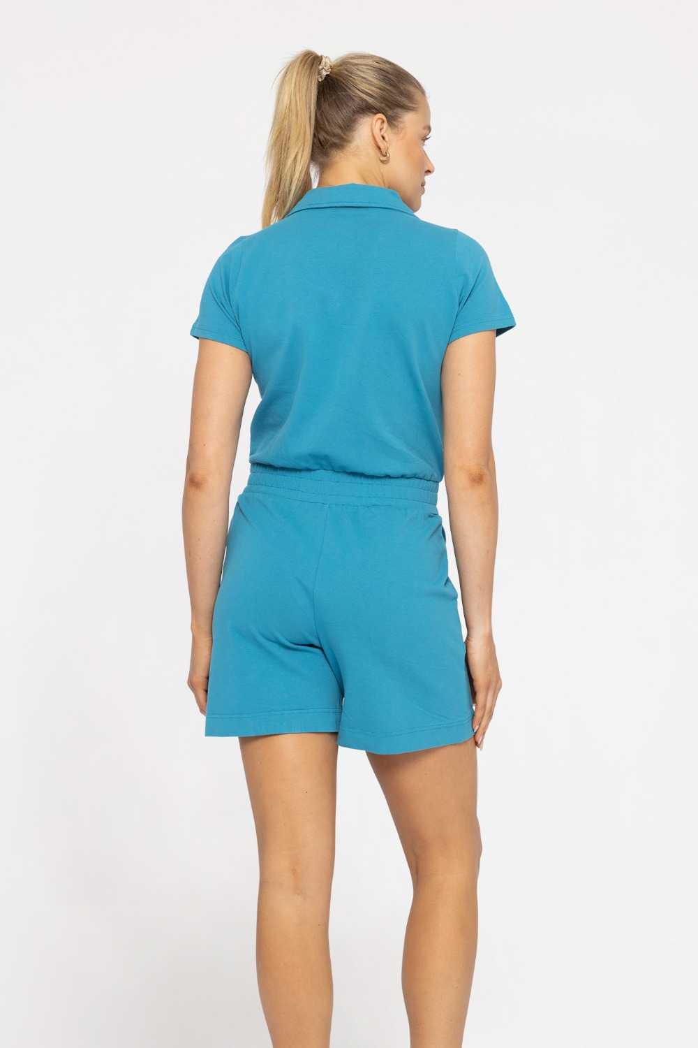 COLLARED COTTON BLEND BUTTON-FRONT ROMPER Blue jay