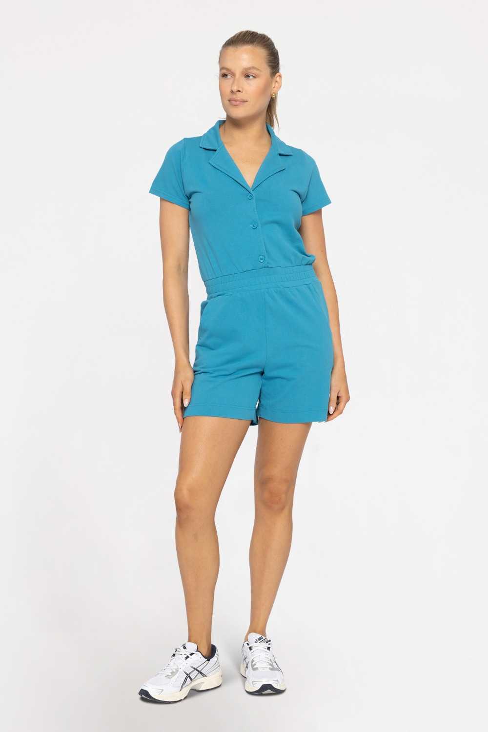 COLLARED COTTON BLEND BUTTON-FRONT ROMPER Blue jay