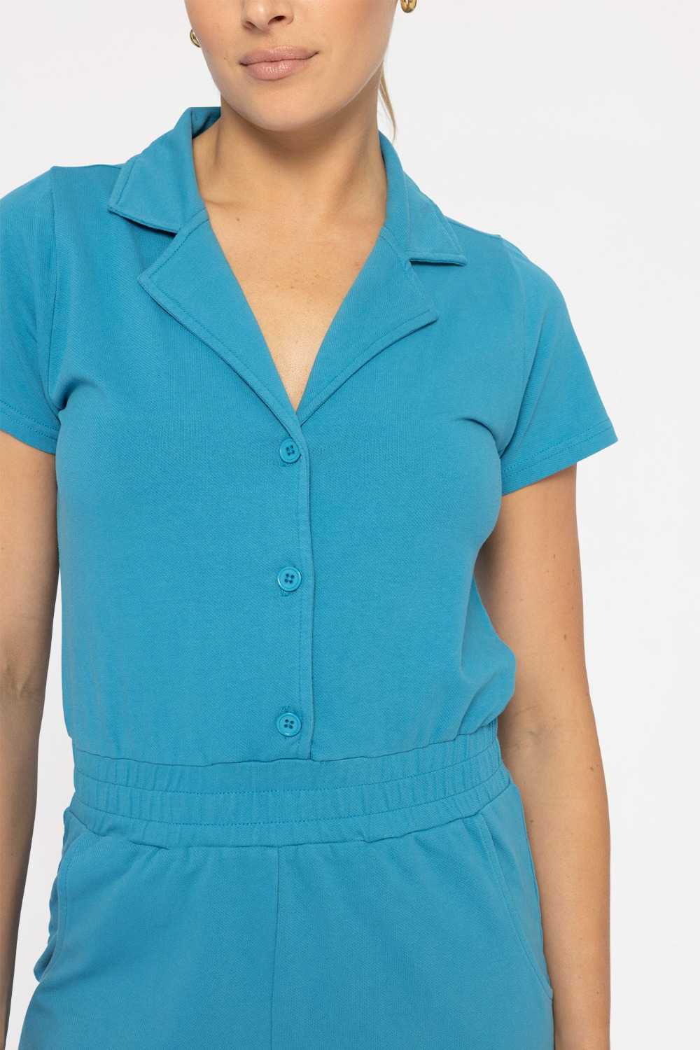 COLLARED COTTON BLEND BUTTON-FRONT ROMPER Blue jay