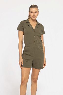 COLLARED COTTON BLEND BUTTON-FRONT ROMPER Ivy green