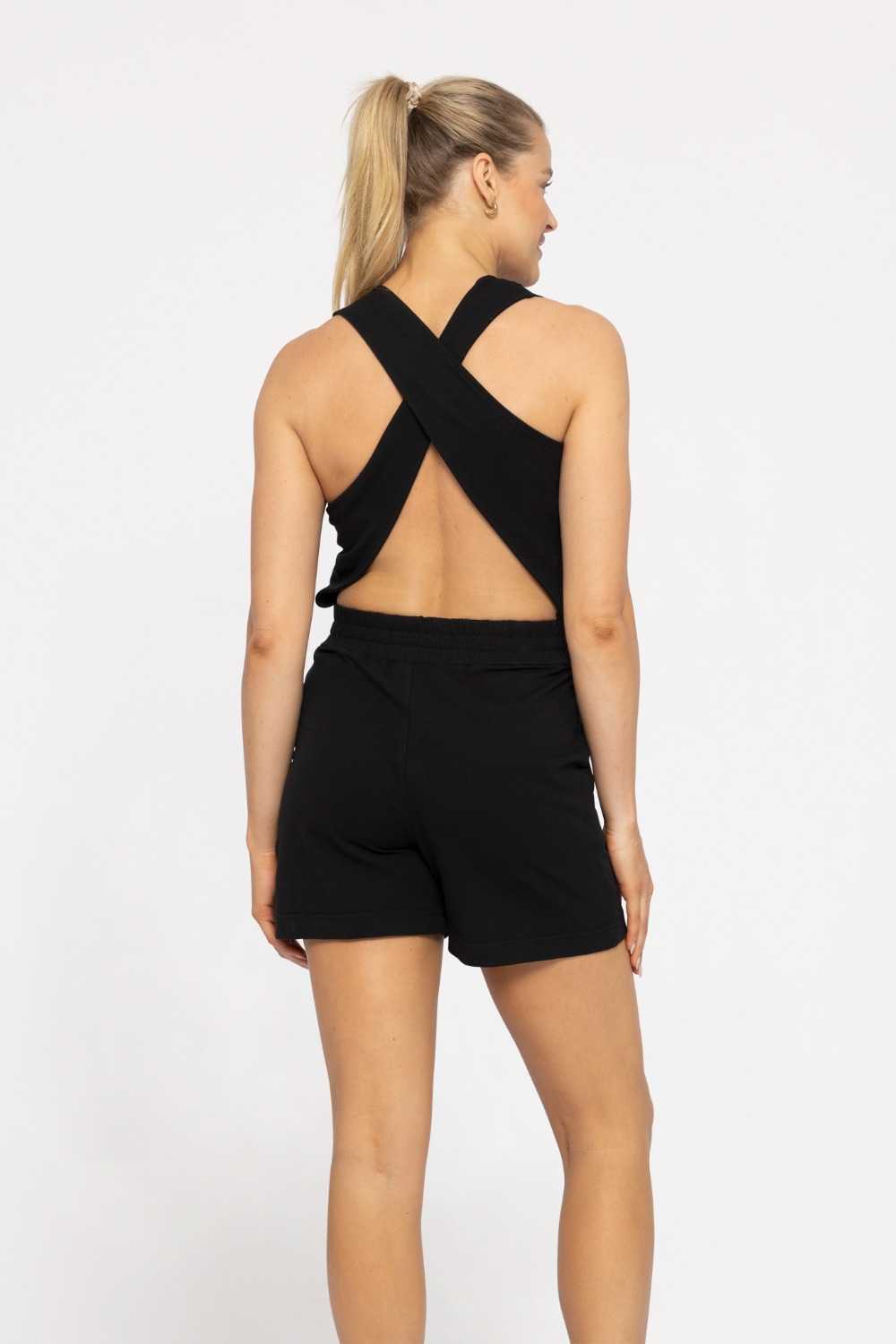 COTTON BLEND CROSS-BACK CARGO ROMPER Black