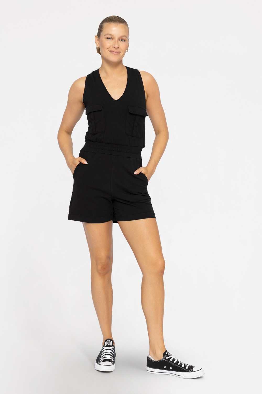 COTTON BLEND CROSS-BACK CARGO ROMPER Black