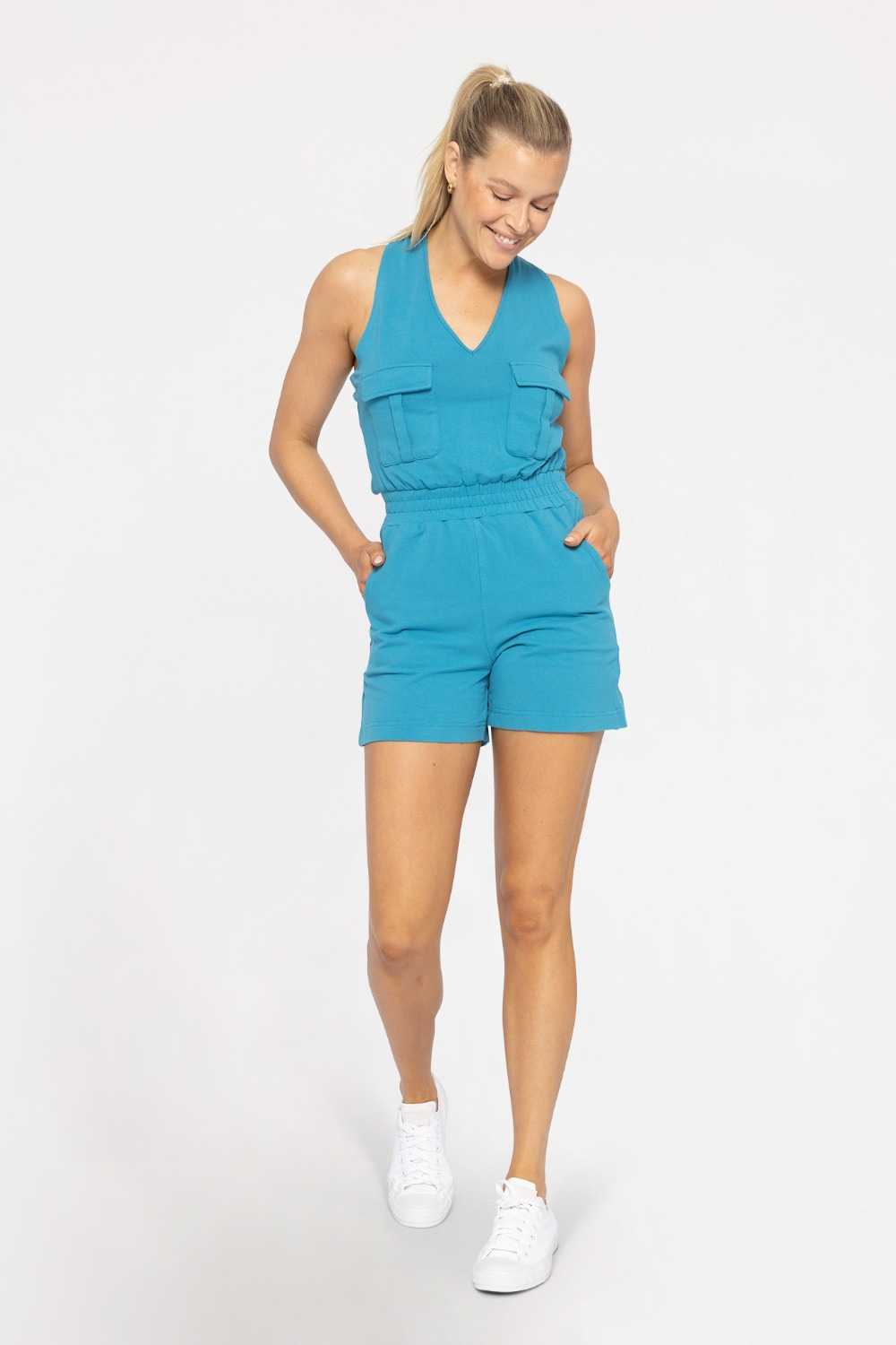 COTTON BLEND CROSS-BACK CARGO ROMPER Blue jay