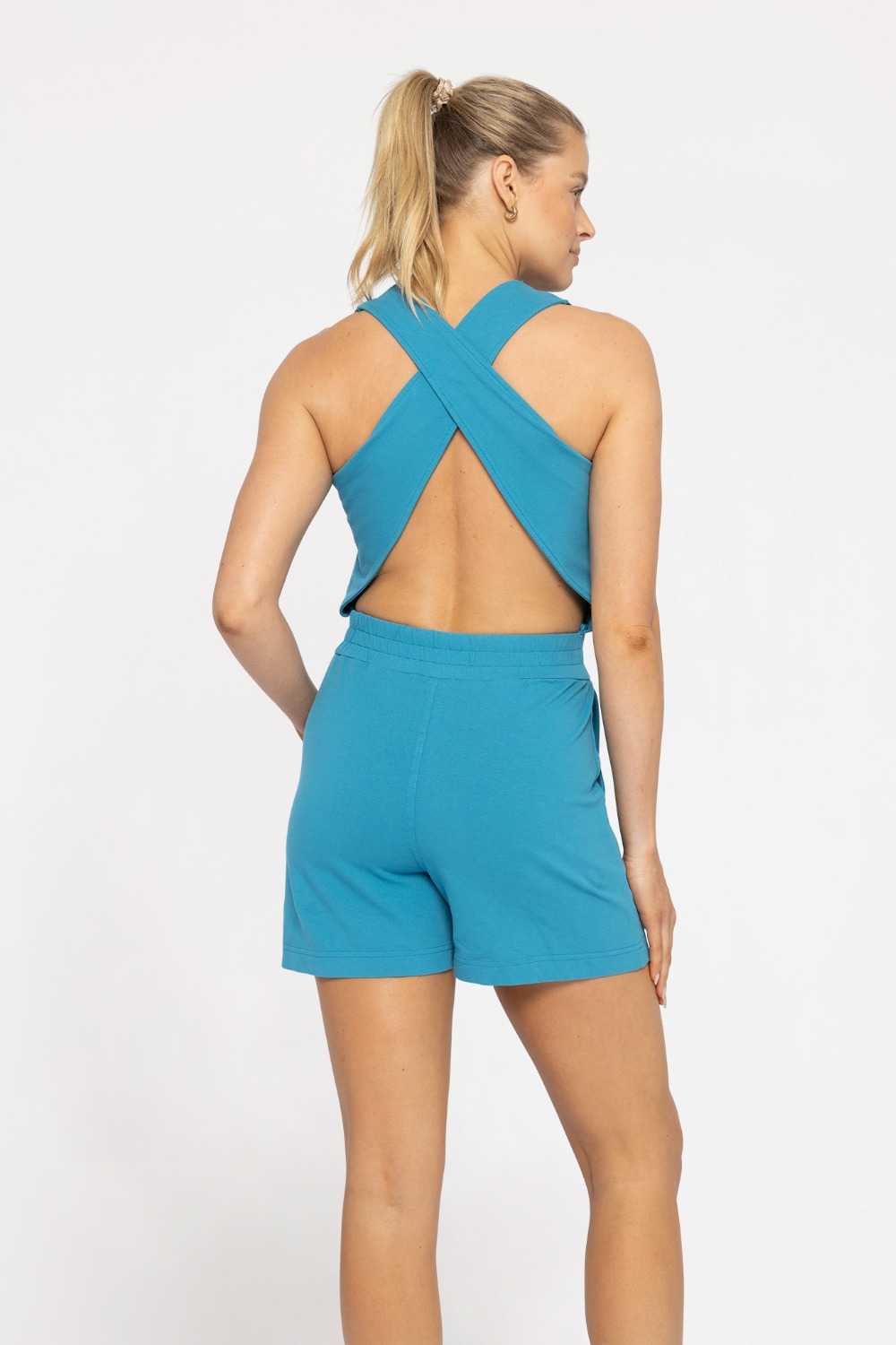 COTTON BLEND CROSS-BACK CARGO ROMPER Blue jay