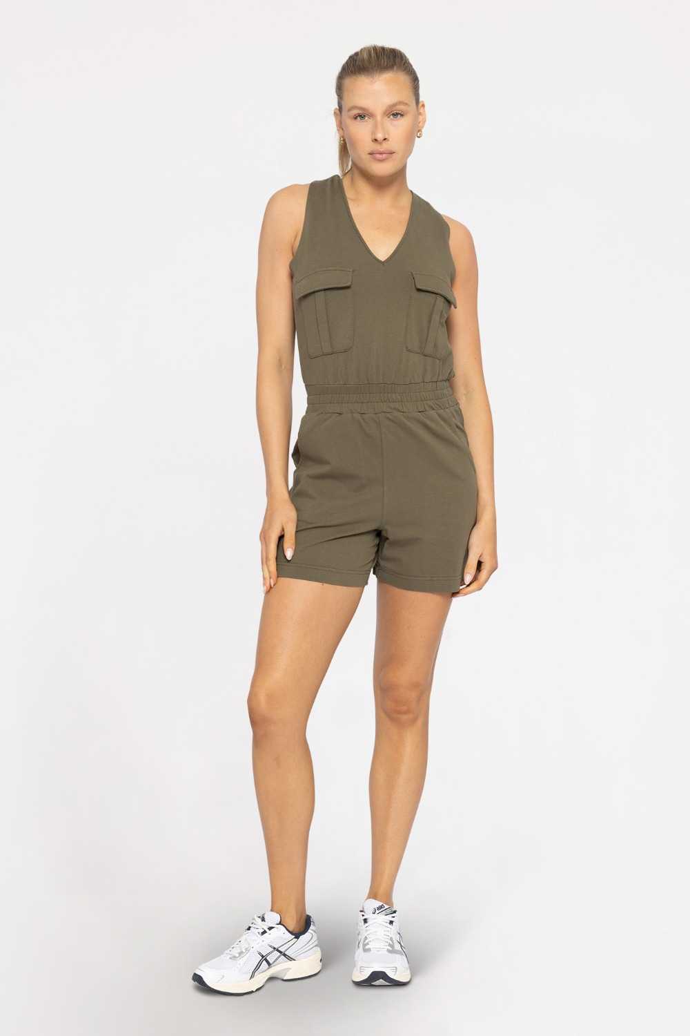 COTTON BLEND CROSS-BACK CARGO ROMPER Ivy green