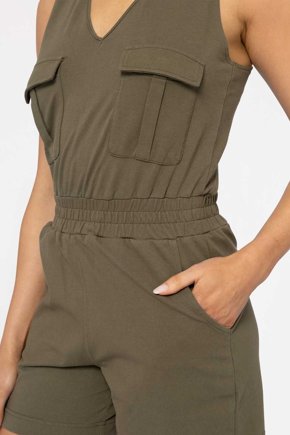 COTTON BLEND CROSS-BACK CARGO ROMPER Ivy green