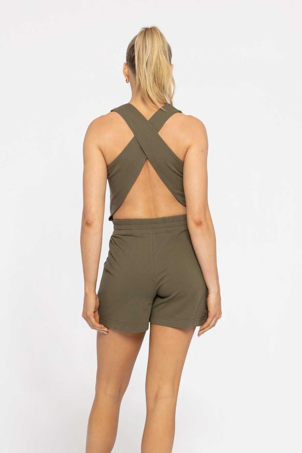 COTTON BLEND CROSS-BACK CARGO ROMPER Ivy green