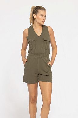 COTTON BLEND CROSS-BACK CARGO ROMPER Ivy green