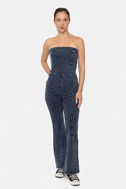 Cotton Blend Strapless Flared Jumpsuit Denim