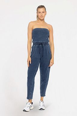 Cotton Blend Strapless Tapered Leg Jumpsuit Denim