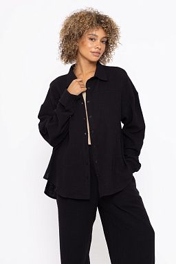 Cotton Gauze Long Sleeve Button Down Shirt Black