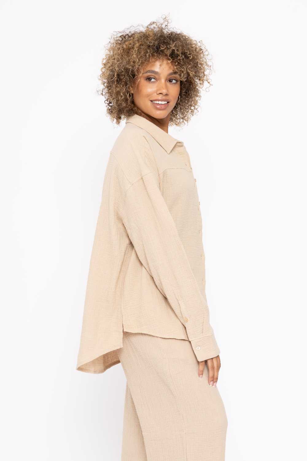 Cotton Gauze Long Sleeve Button Down Shirt Taupe