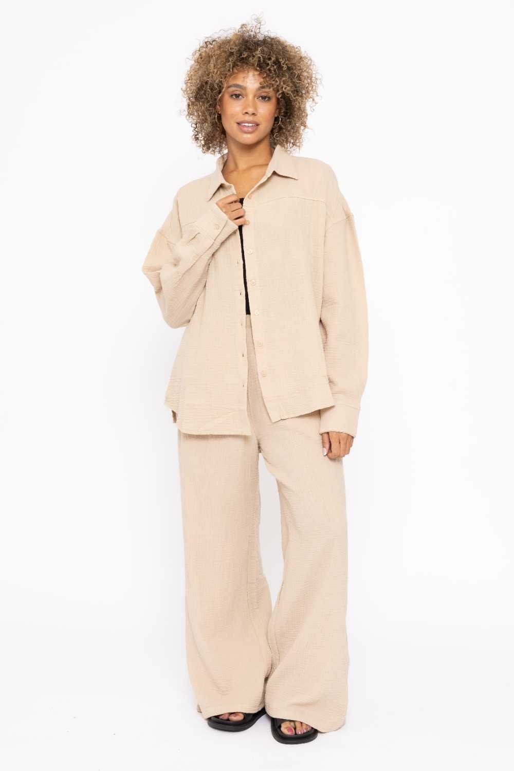 Cotton Gauze Long Sleeve Button Down Shirt Taupe