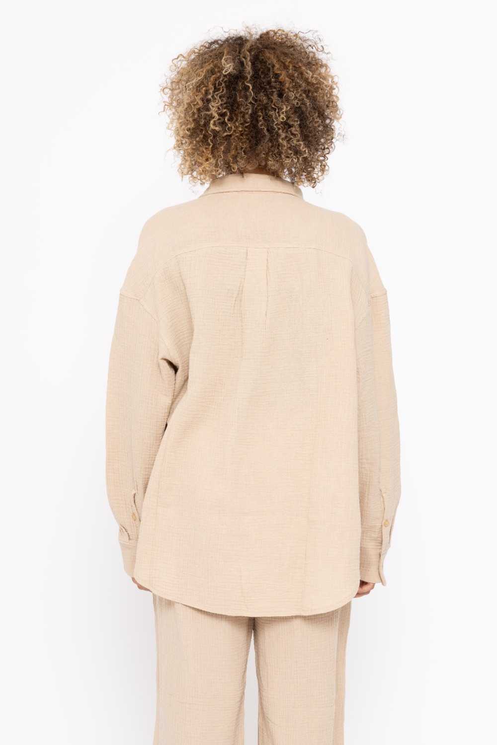 Cotton Gauze Long Sleeve Button Down Shirt Taupe