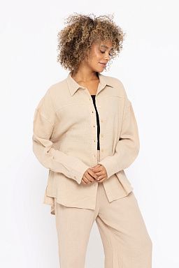 Cotton Gauze Long Sleeve Button Down Shirt Taupe