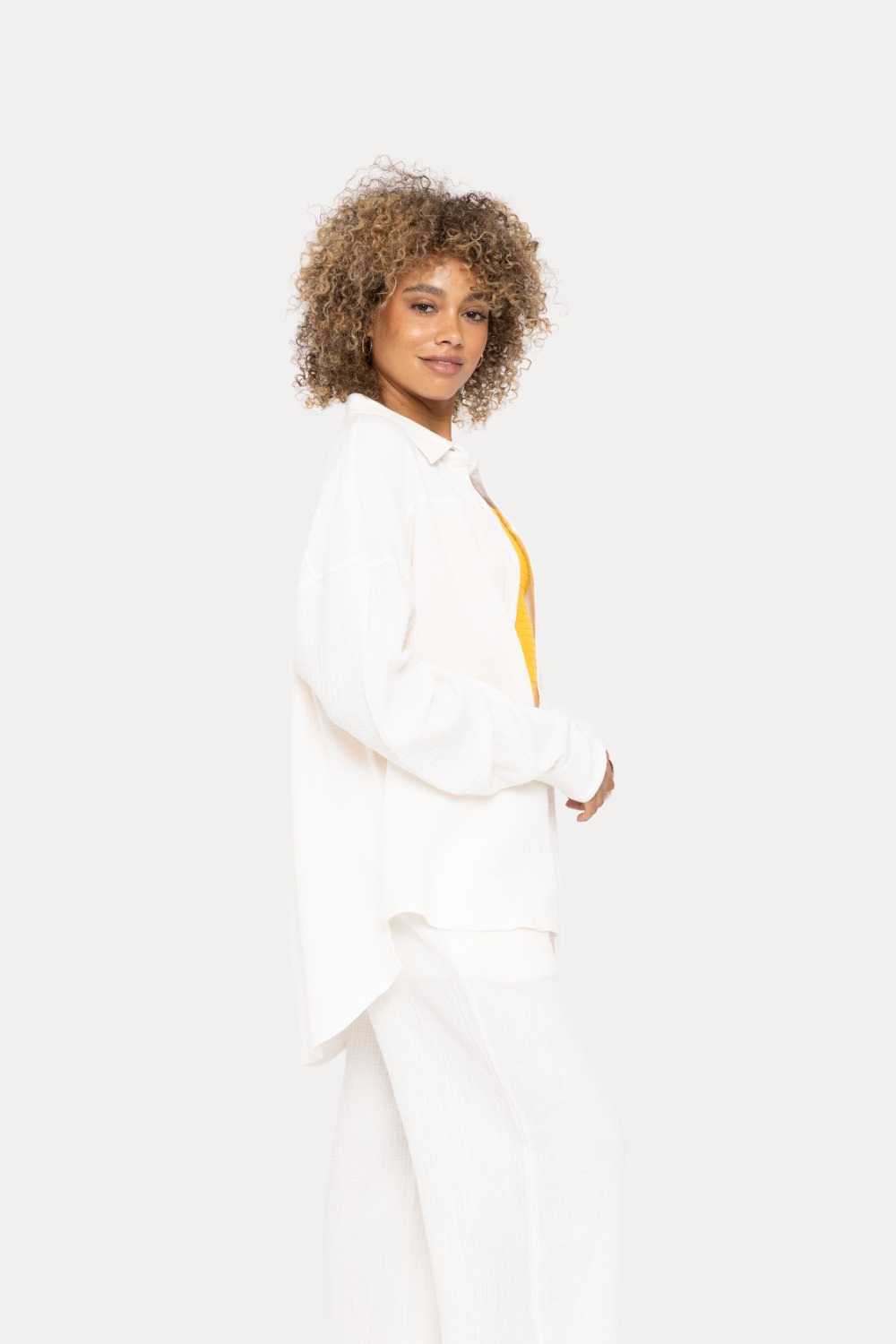 Cotton Gauze Long Sleeve Button Down Shirt White