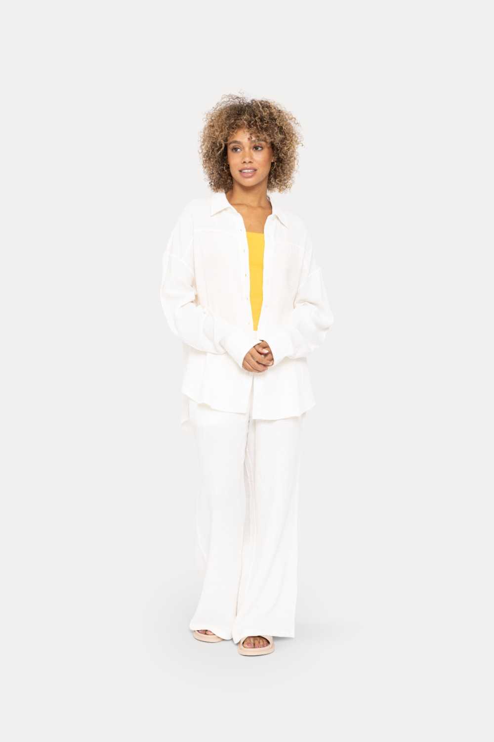 Cotton Gauze Long Sleeve Button Down Shirt White