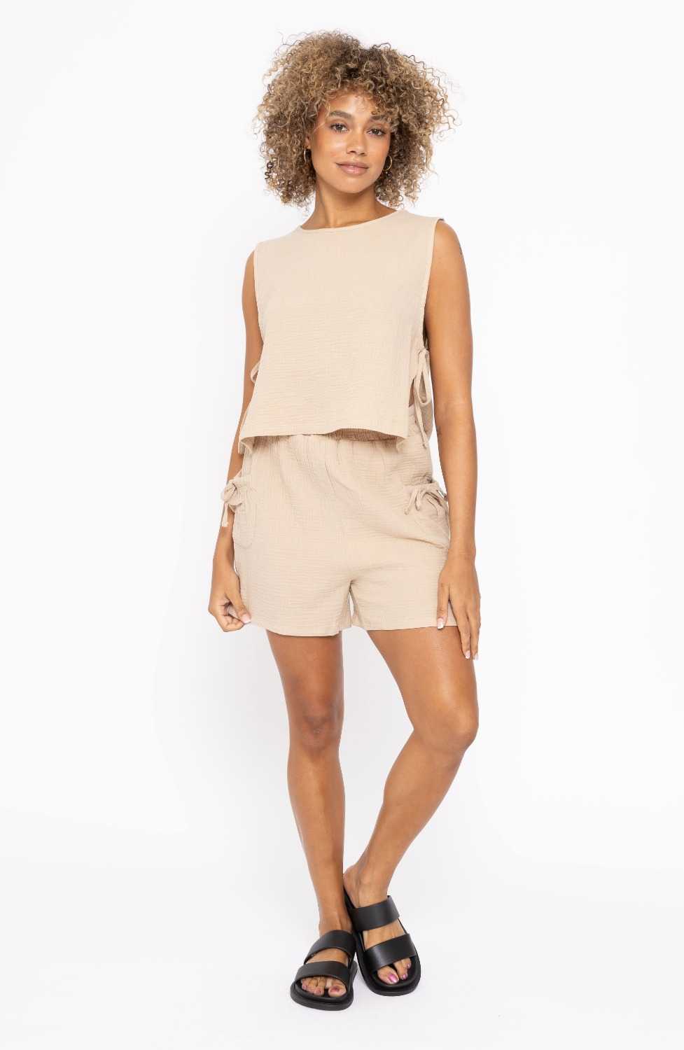 Cotton Gauze Loose Fitting Shorts Taupe
