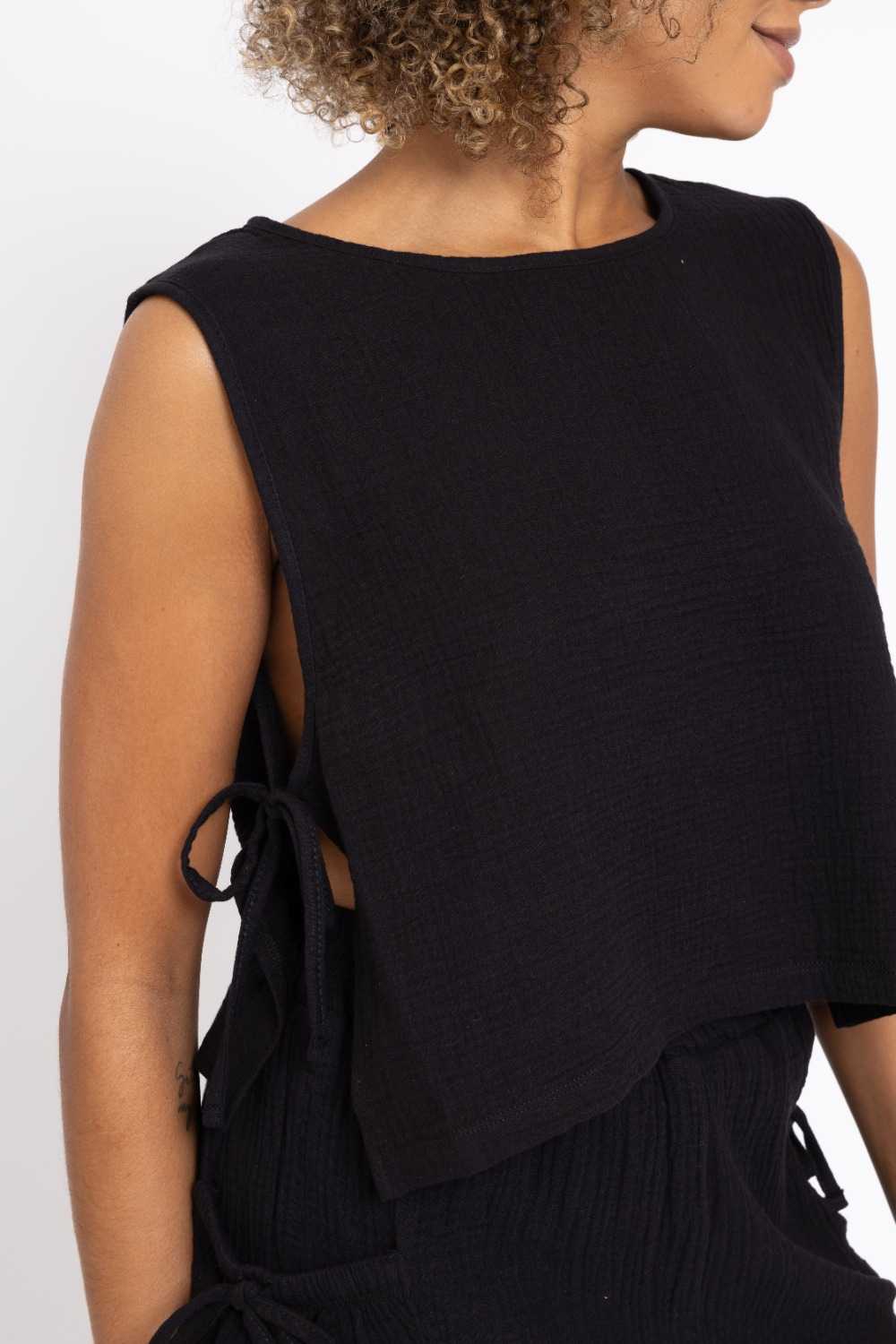 Cotton Gauze Side Tie Tank Top Black