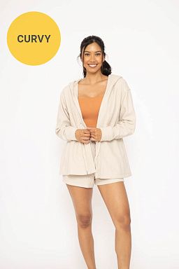 CURVY Cotton Blend Hooded Waist Tie Cardigan Tan