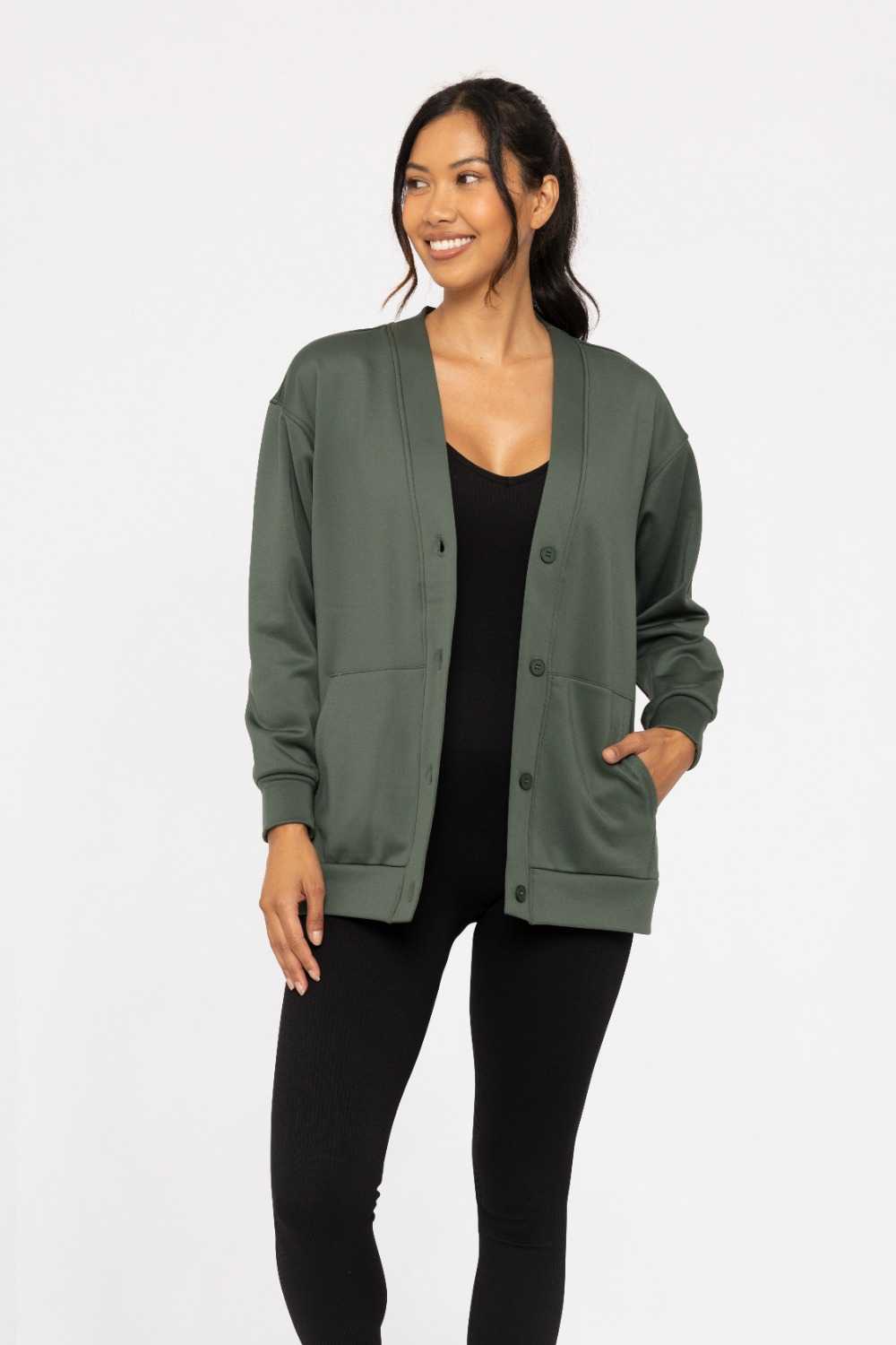 Elevated Button Down Cardigan Deep forest