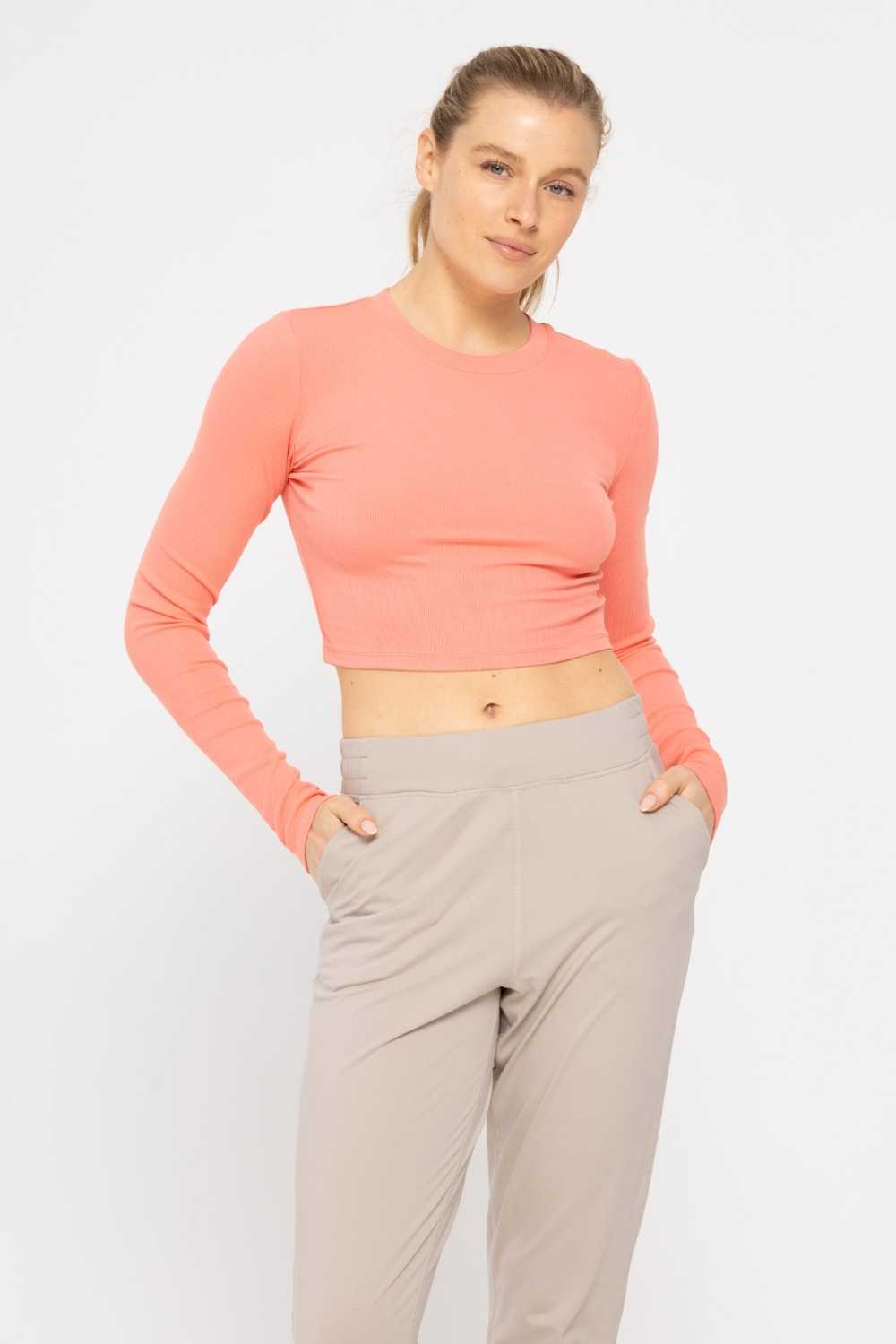 Essential Micro-Ribbed Long-Sleeved Cropped Athleisure Top Watermelon