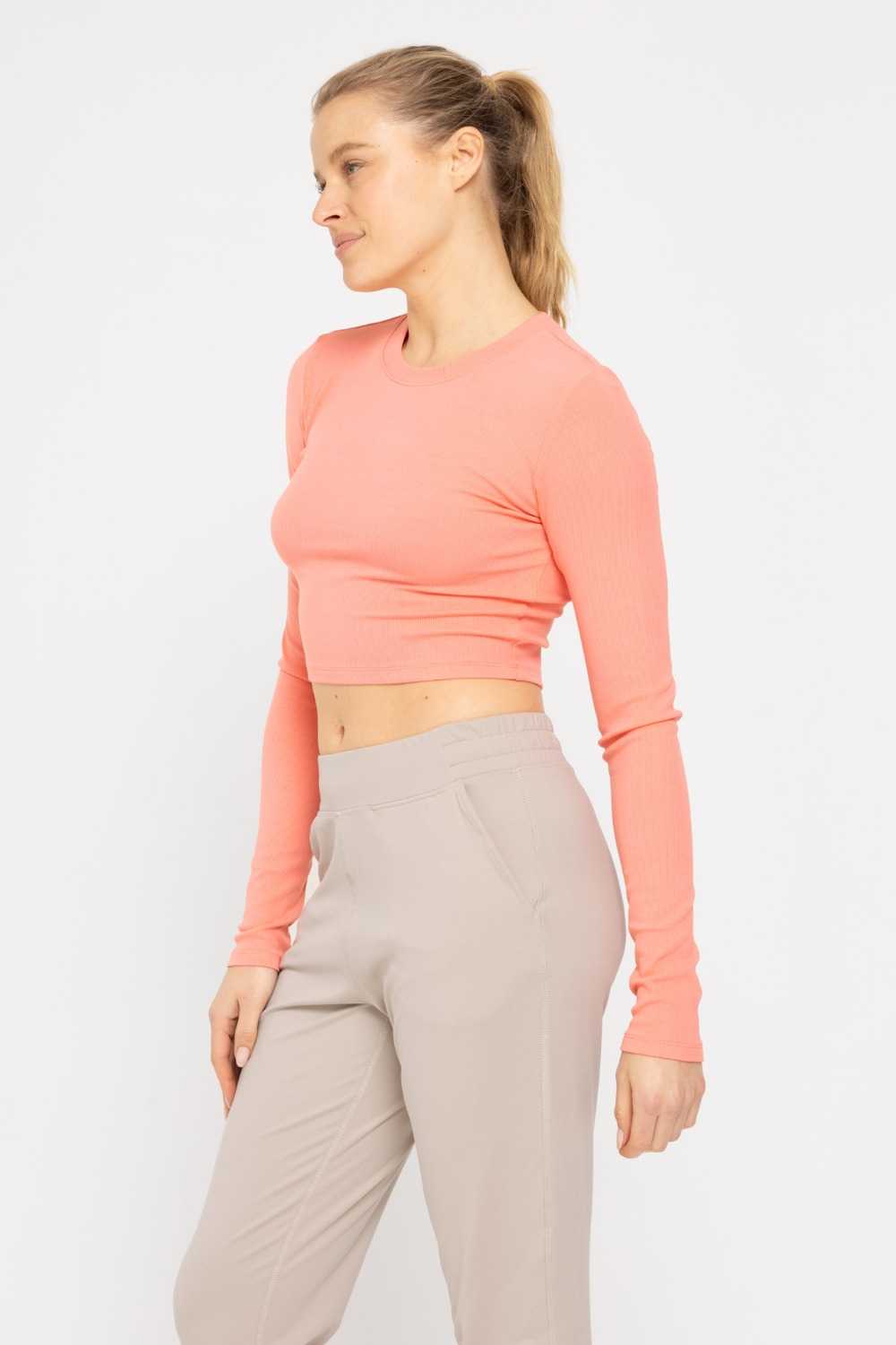 Essential Micro-Ribbed Long-Sleeved Cropped Athleisure Top Watermelon