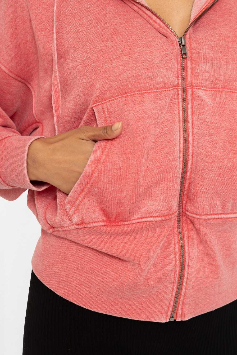 Fleece Hoodie Jacket with Tapered Sleeves Cherry