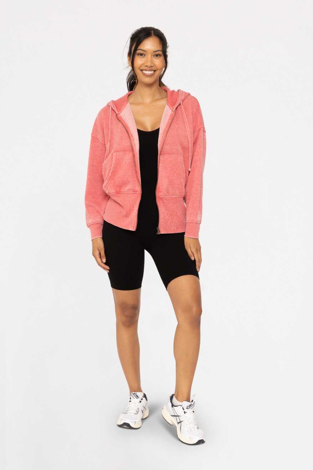 Fleece Hoodie Jacket with Tapered Sleeves Cherry