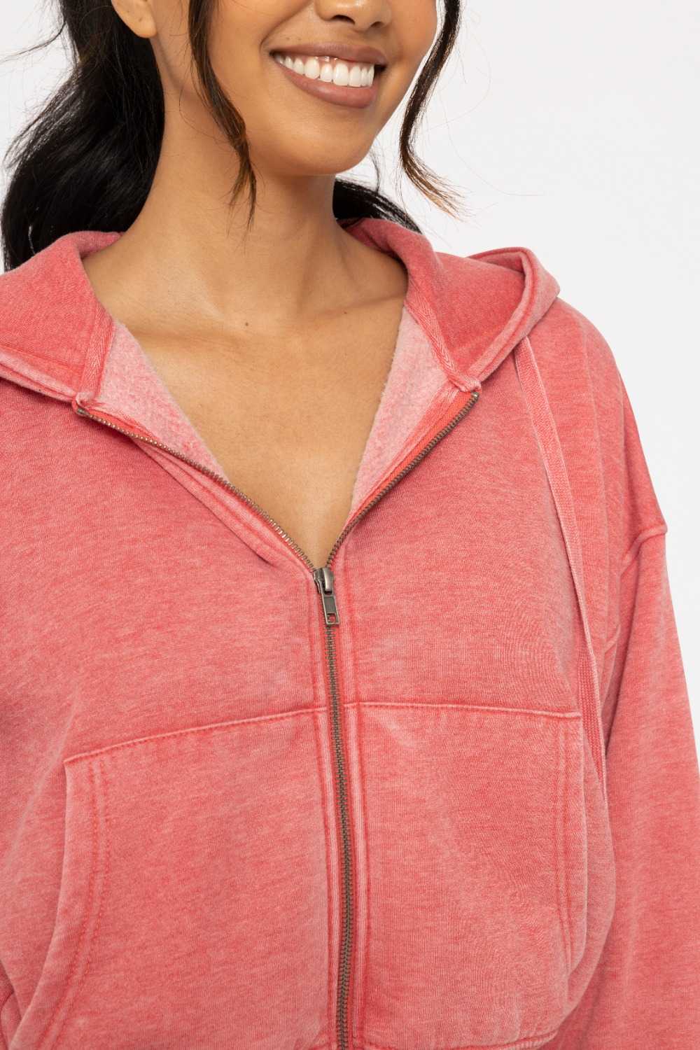 Fleece Hoodie Jacket with Tapered Sleeves Cherry