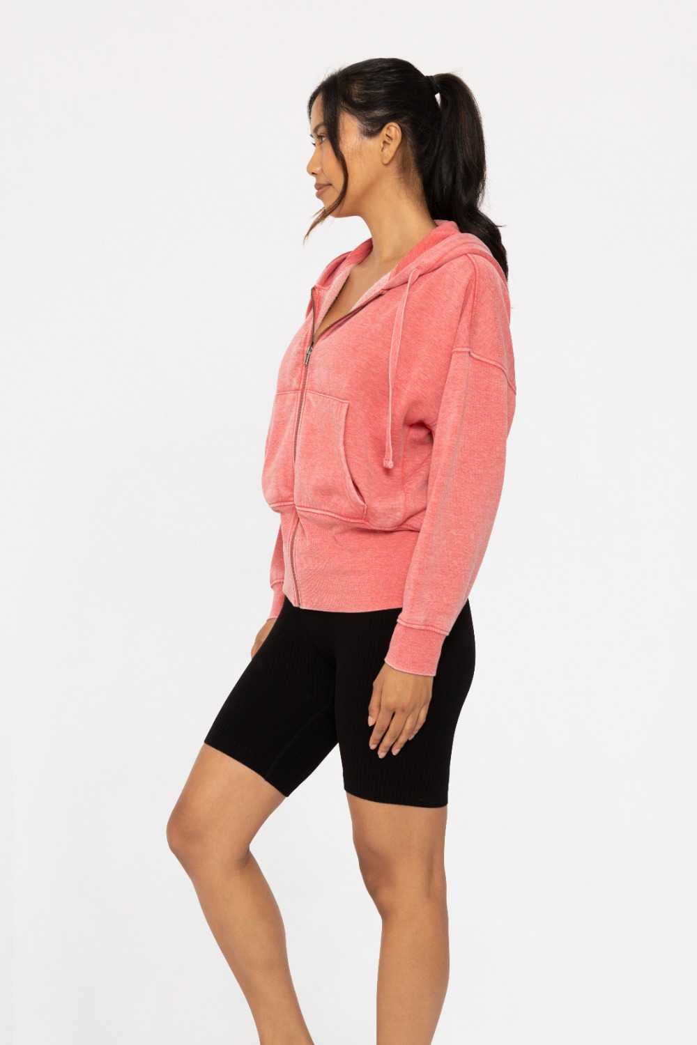 Fleece Hoodie Jacket with Tapered Sleeves Cherry