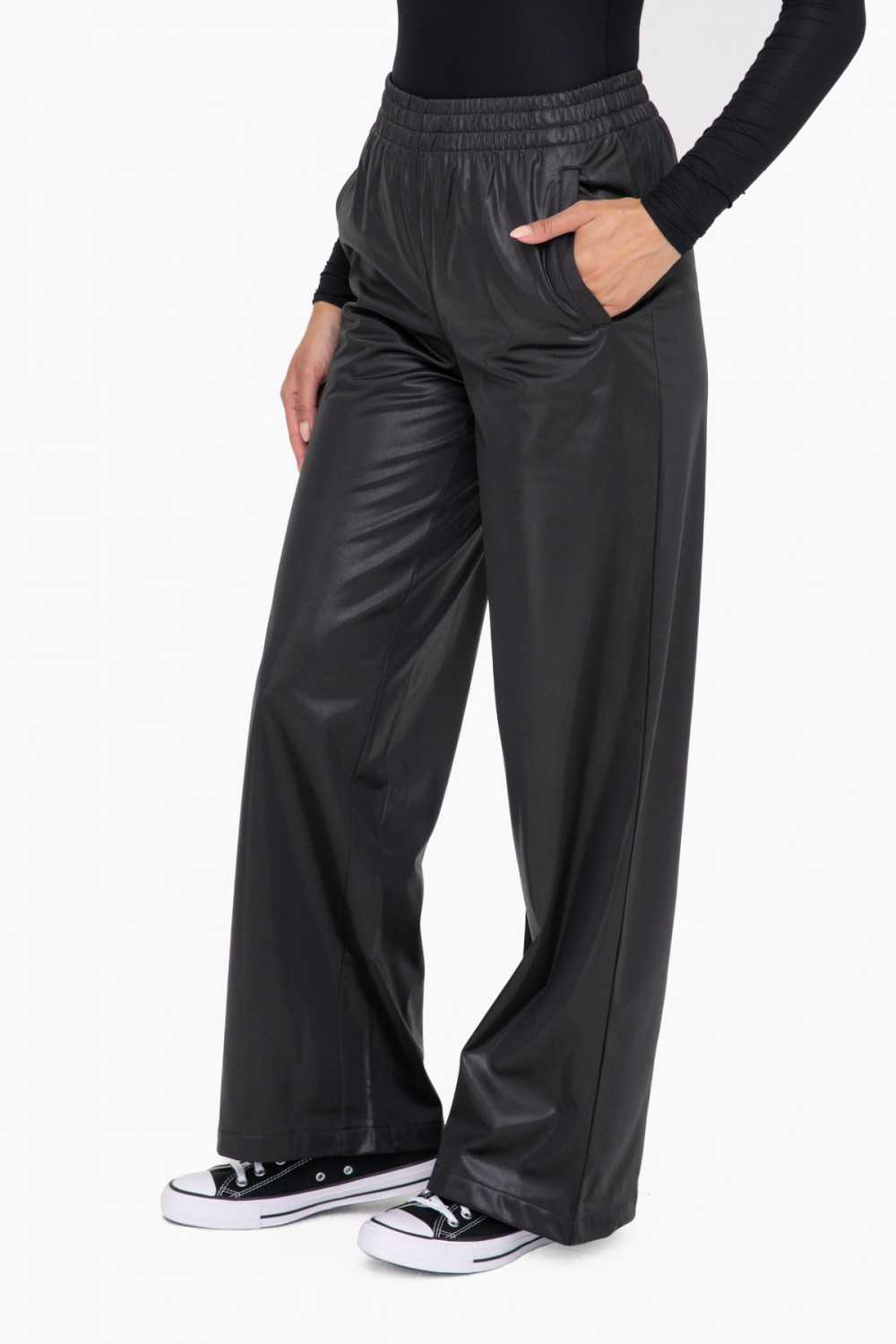 Glossy Leather Look Wide Leg Flare Pants