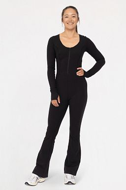 GREEN Long Sleeve Zip Up Flared Jumpsuit Black