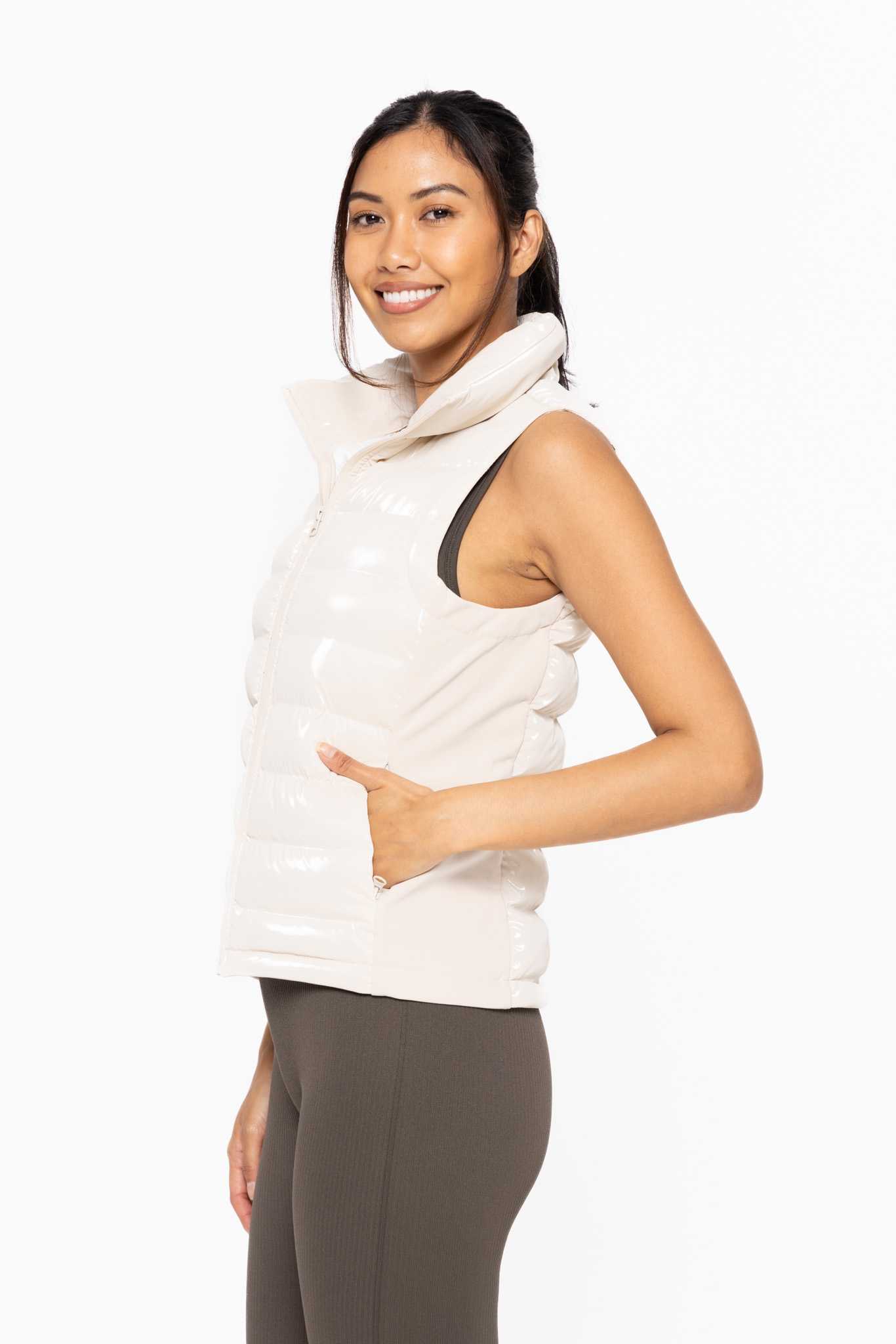 High Neck Padded Puffer Vest Natural