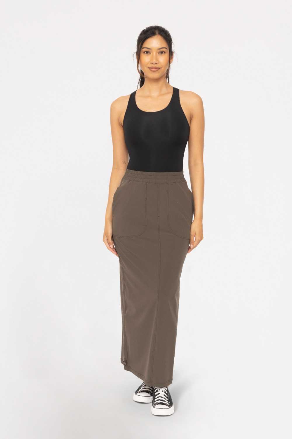 Mid-Rise Adjustable Cargo Maxi Skirt Dark olive