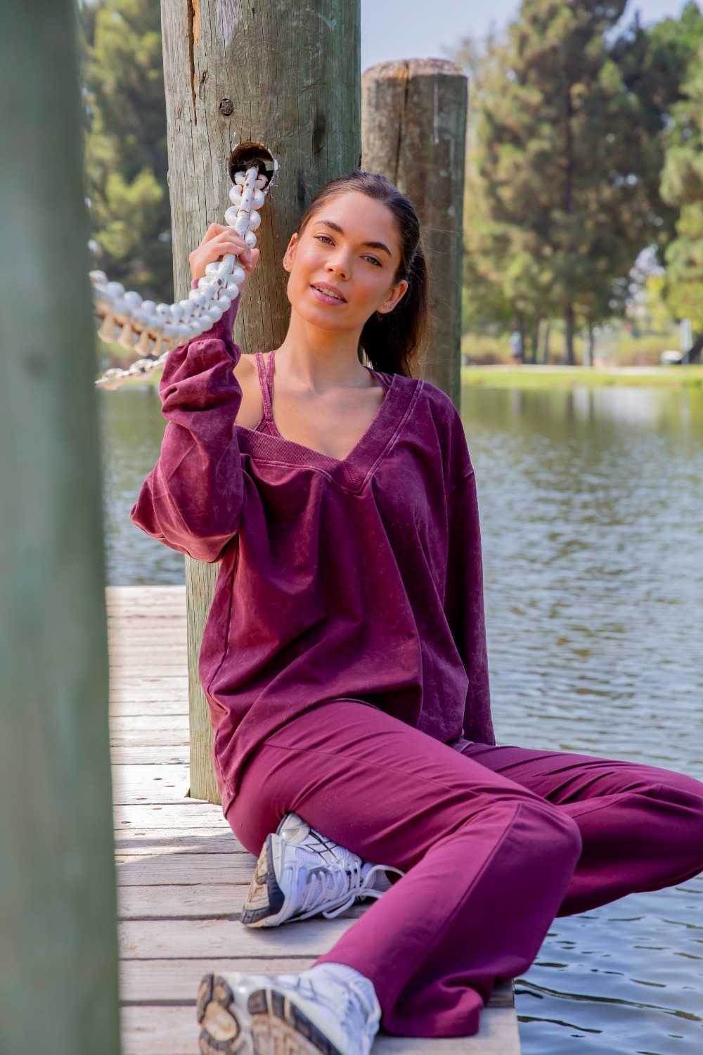 Mineral Wash Cotton Blend Deep V-Neck Long Sleeve Plum 24