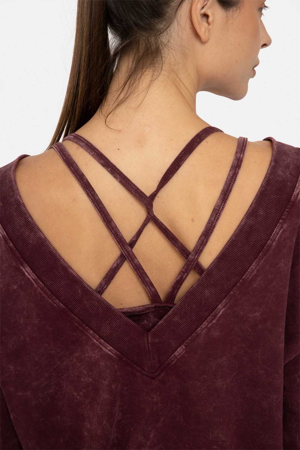 Mineral Wash Cotton Blend Deep V-Neck Long Sleeve Plum 24