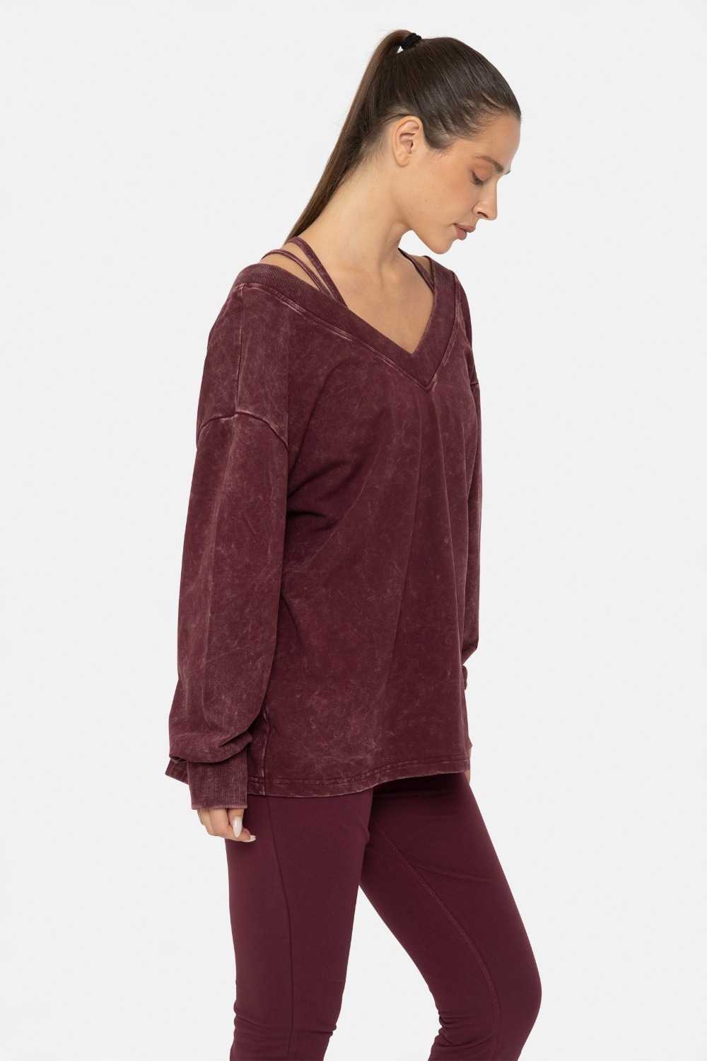 Mineral Wash Cotton Blend Deep V-Neck Long Sleeve Plum 24