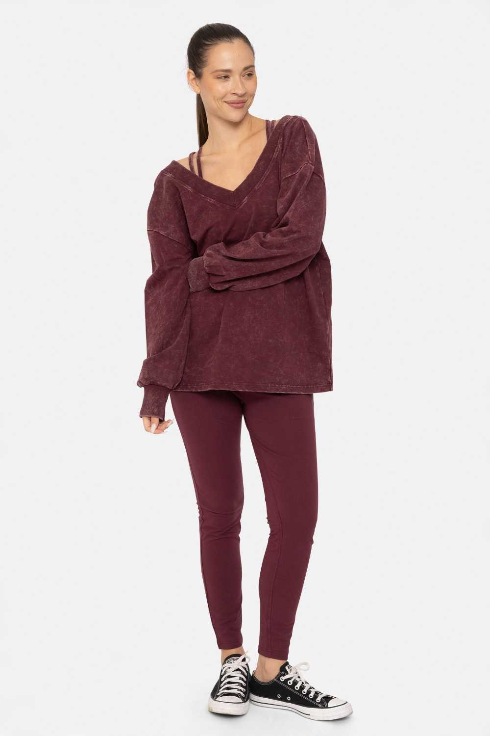 Mineral Wash Cotton Blend Deep V-Neck Long Sleeve Plum 24