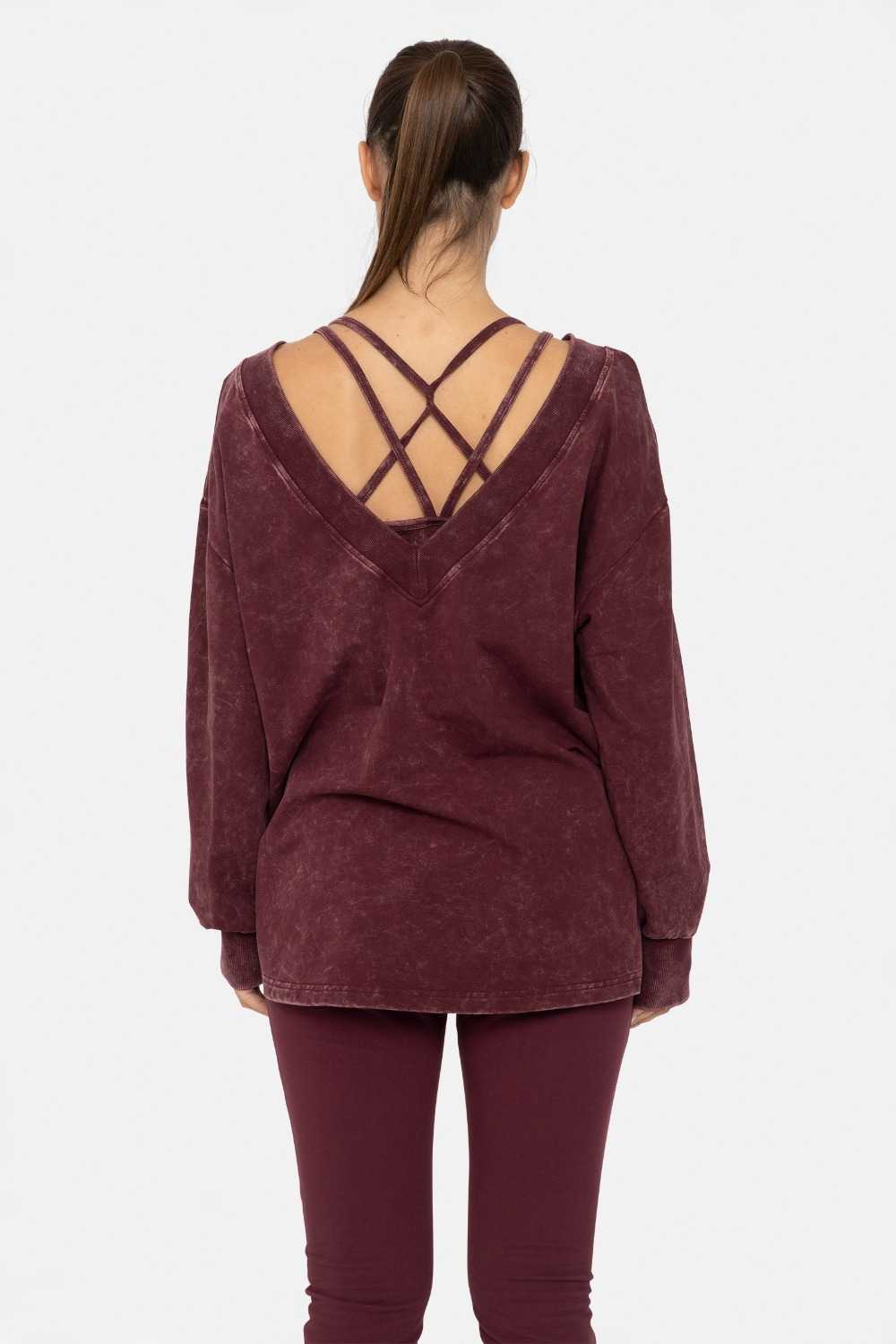 Mineral Wash Cotton Blend Deep V-Neck Long Sleeve Plum 24